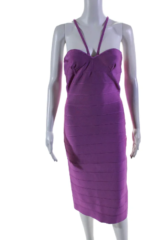 Today Only Herve Leger Womens Back Zip Sleeveless V Neck Sheath Dress Pink