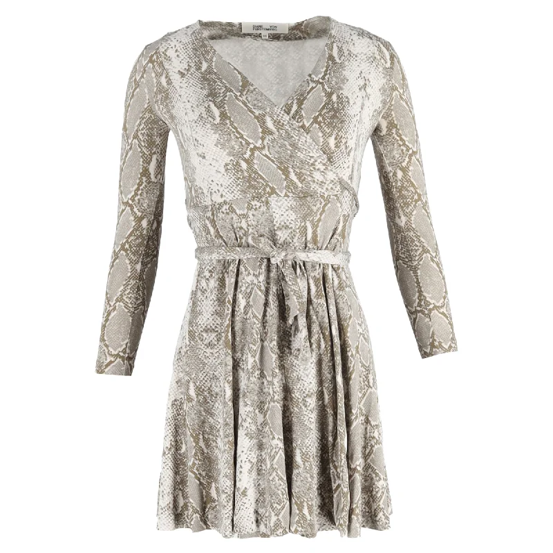 Seasonal Clearance Diane Von Furstenberg DVF Elowen Snakeskin Print Mini Wrap Dress in Grey Silk