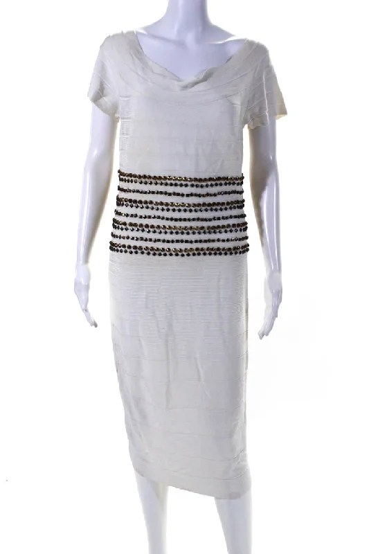 Closeout Herve Leger Womens Back Zip Ribbed Knit Studded Sheath Dress White