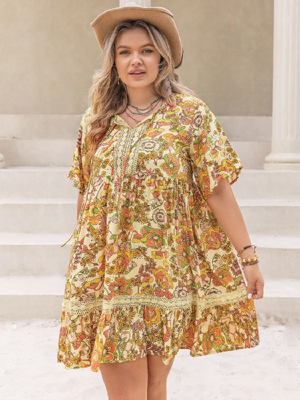 Members Only Plus Size Printed Tie Neck Short Sleeve Mini Dress