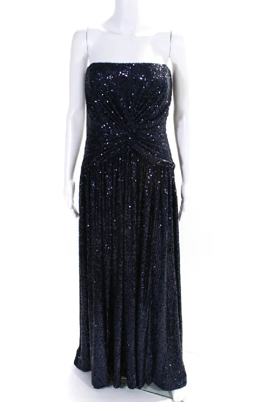 New Deals Halston Womens Sequined Sweetheart Neck Knotted Zipped Maxi Gown Navy