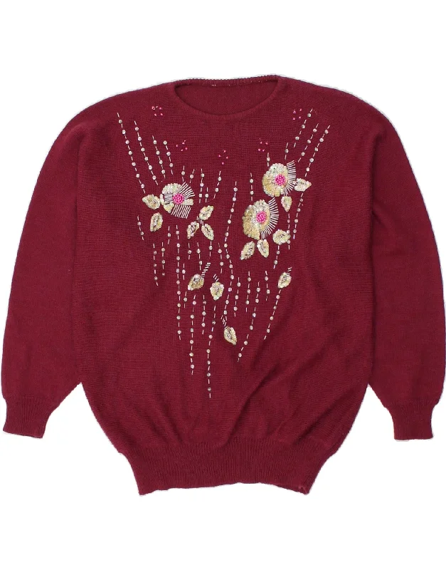Can't Be Beat VINTAGE Womens Graphic Crew Neck Jumper Sweater UK 16 Large Burgundy