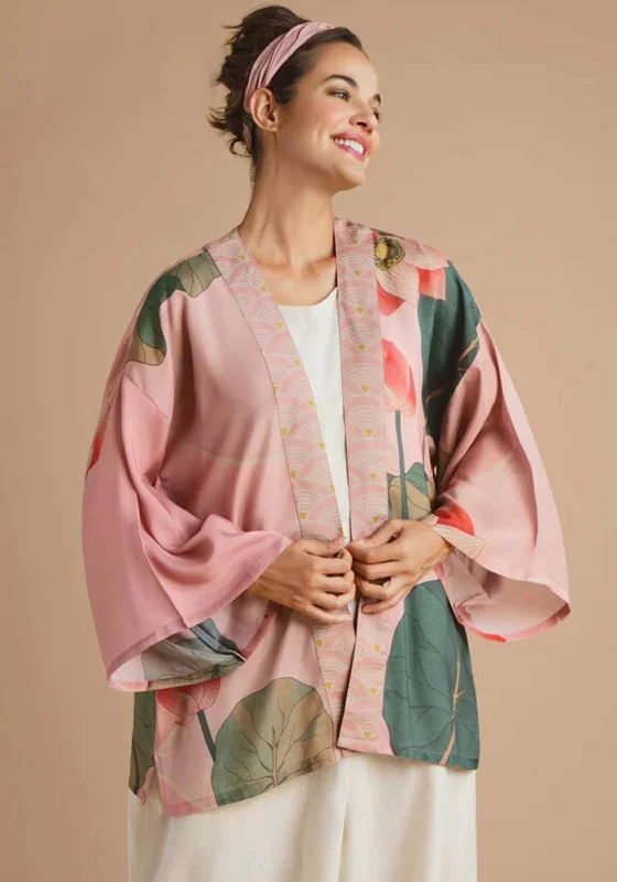 Midnight Madness Powder Crane at Sunrise Kimono Jacket, Petal