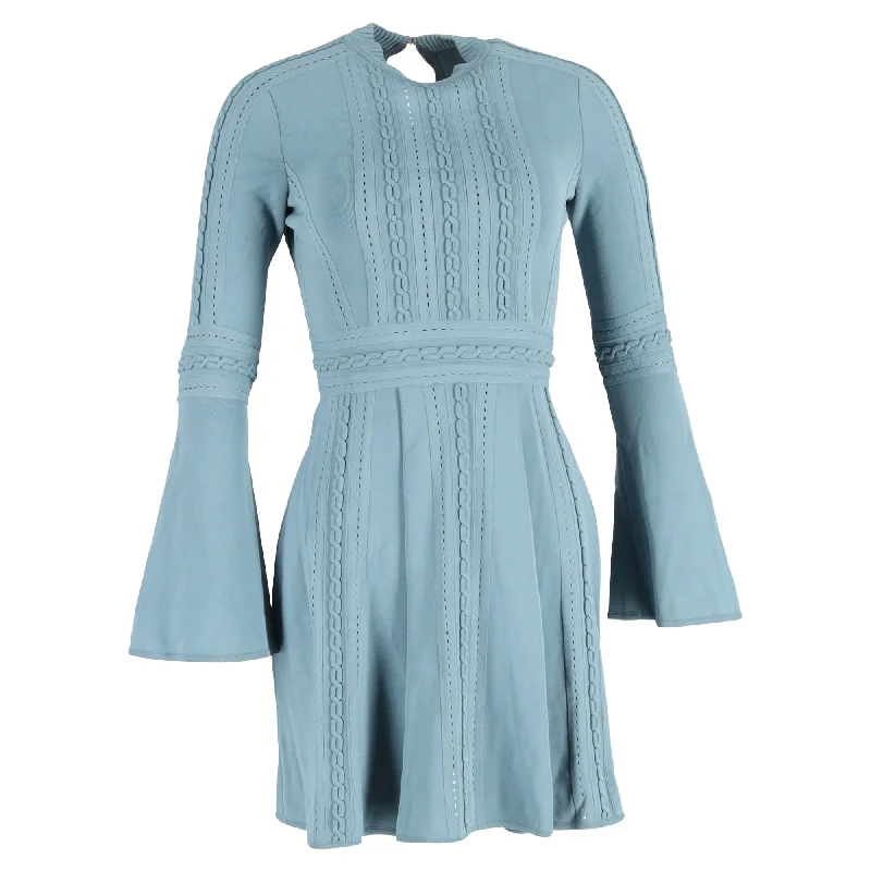 Overstock Sale Elie Saab Mini Cable Knit Detail Bell Sleeve Dress in Light Blue Wool