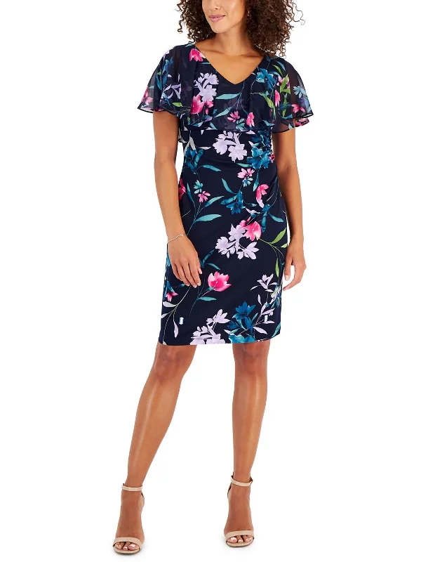 Hurry In Womens Floral Print Cape Sleeves Cocktail Dress