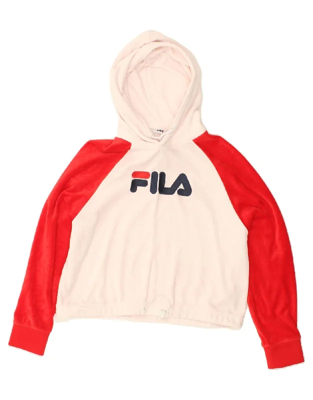 Crazy Deals FILA Womens Crop Graphic Hoodie Jumper UK 10 Small Red Colourblock Cotton Crazy Deals FILA Womens Crop Graphic Hoodie Jumper UK 10 Small Red Colourblock Cotton