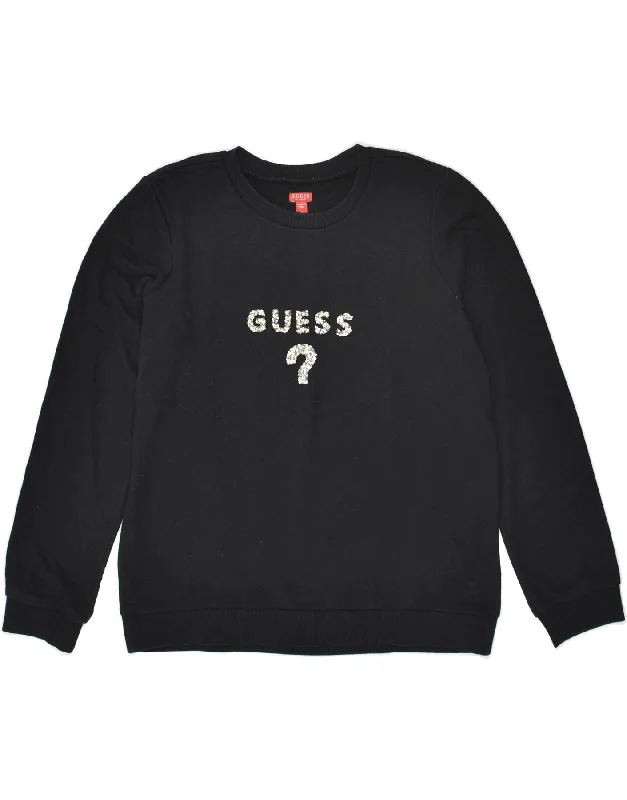 Deal Dash GUESS Womens Graphic Sweatshirt Jumper UK 16 Large Black Cotton
