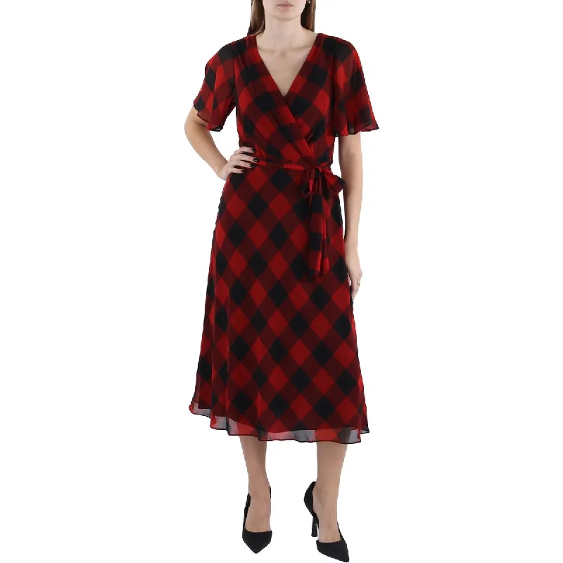 Exclusive Savings Womens Check Print Surplice Midi Dress