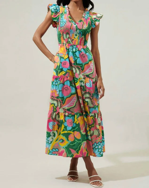 Mega Sale Lanai Tropics Sunfire Smocked Bodice Tiered Midi Dress In Kelly/pink Multi