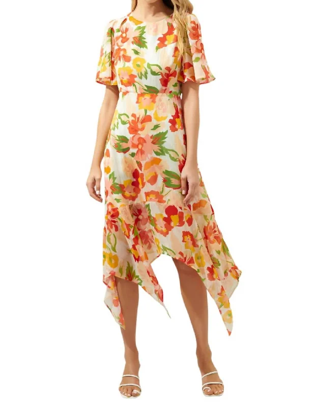 Weekend Deal Kailua Floral Aerin Asymmetrical Flutter Midi Dress In Blush-Multi