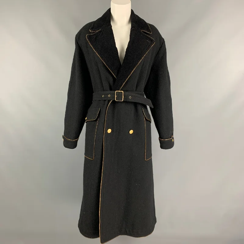 Price Drop Vintage KANSAI YAMAMOTO Size M Black Wool Zipper Trim Belted Coat