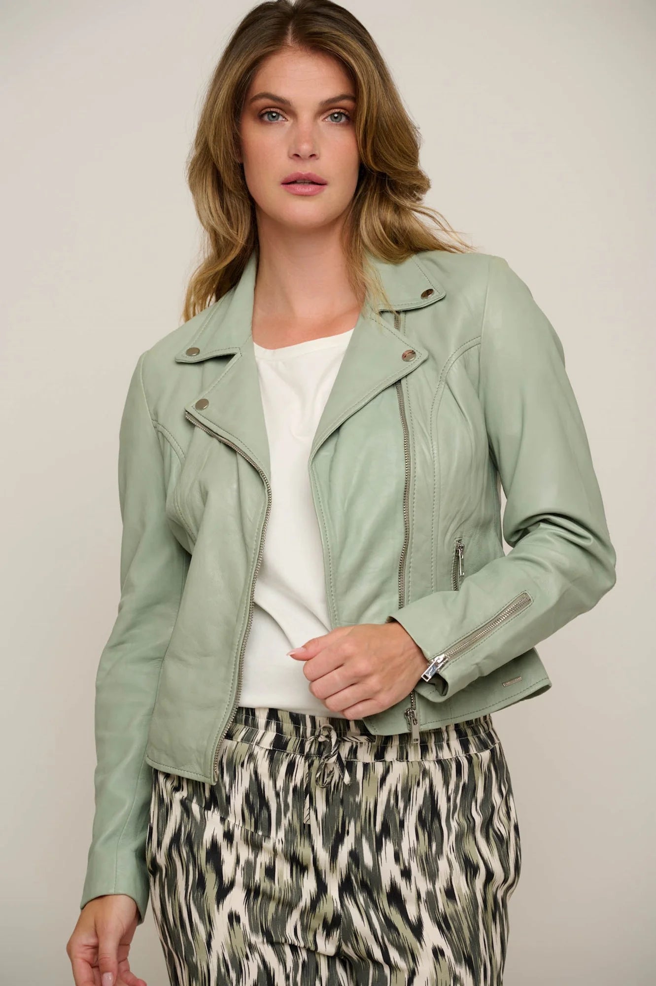 Fantastic Offers Emily Leather Biker Jacket in Sea Moss