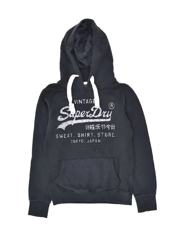 Unmissable Offer SUPERDRY Womens Graphic Hoodie Jumper UK 8 Small  Navy Blue Cotton