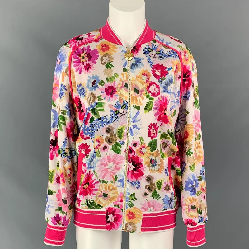 Final Markdown ESCADA Size 4 White & Fuchsia Floral Viscose Oversized Bomber Jacket