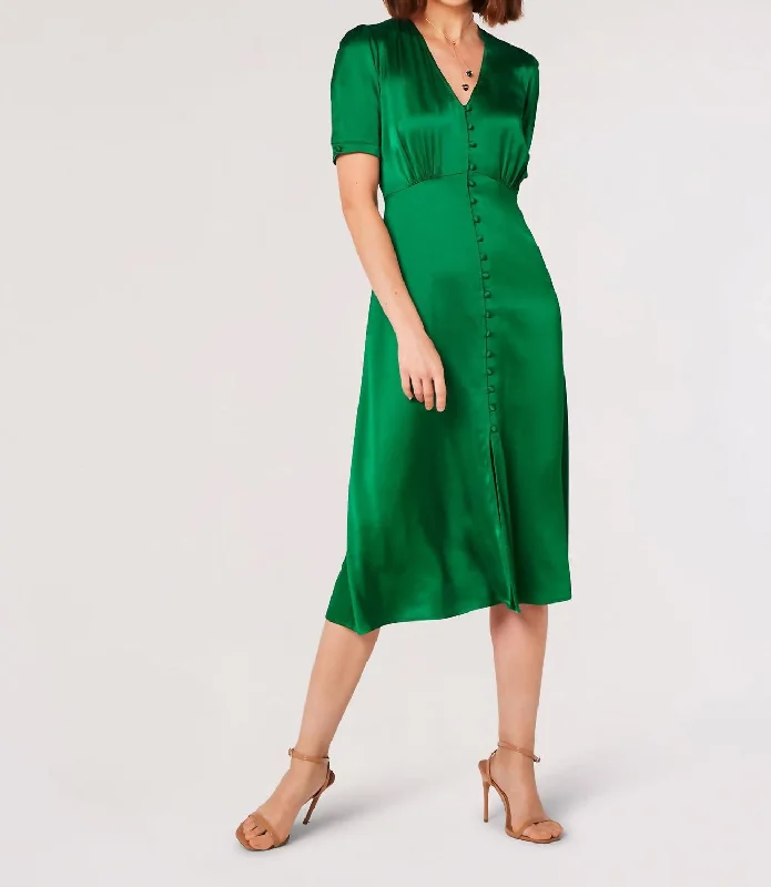 Friends and Family Sale Satin Button Down Midi Dress In Green