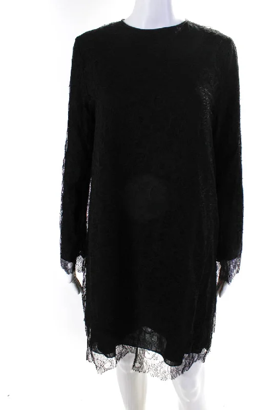 Act Now Balenciaga Womens Back Zip Crew Neck Lace Overlay Dress Black