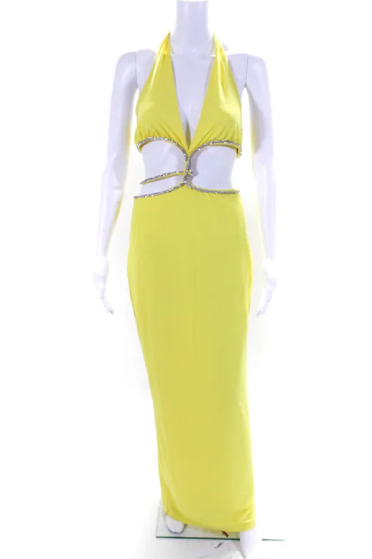 Online Exclusive Meshki Womens Jeweled Cut Out Sleeveless Evening Gown Yellow