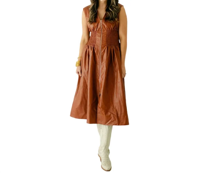 Today’s Deal Vegan Leather Smocked Dress In Cognac