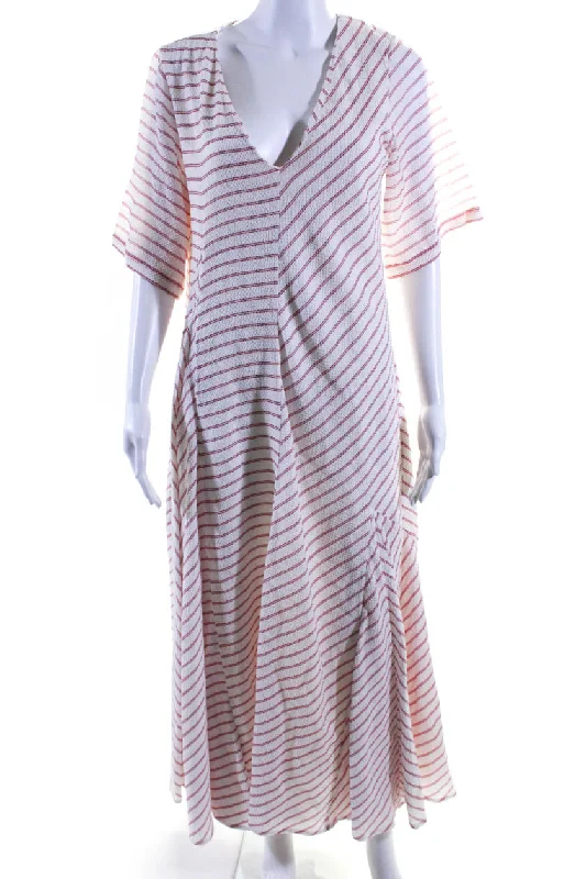 Price Drop Alert Rosie Assoulin Women's V-Neck Short Sleeves Flare Maxi Dress Red Stripe