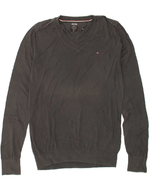 Unmissable Offer TOMMY HILFIGER Womens V-Neck Jumper Sweater UK 14 Large Grey Cotton