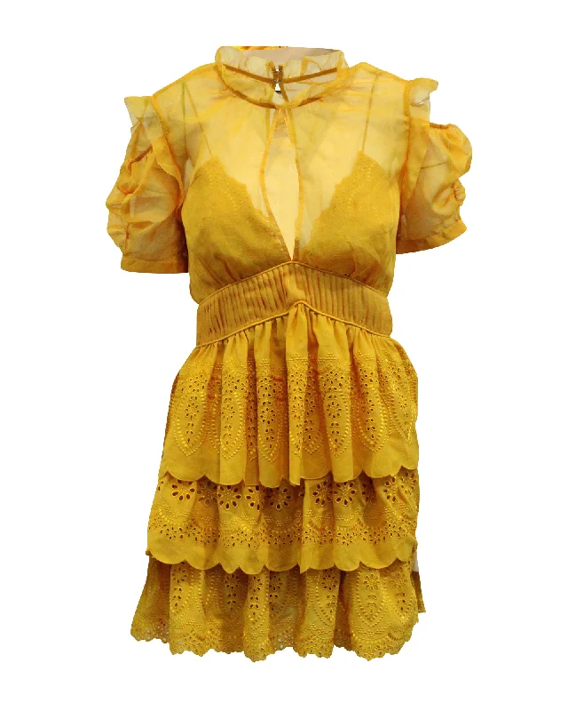 Super Sale Self-Portrait Embroidered Tiered Mini Dress in Yellow Mustard Polyester