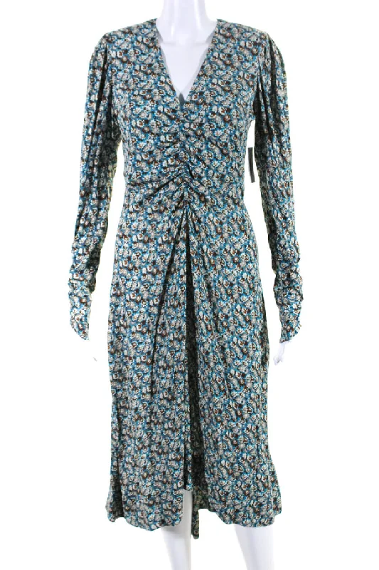 Take Advantage Joie Womens Haruko Floral V Neck Long Sleeve Midi Dress Blue Brown