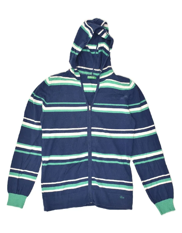 Quick Sale BENETTON Womens Hooded Cardigan Sweater UK 12 Medium Blue Striped Cotton