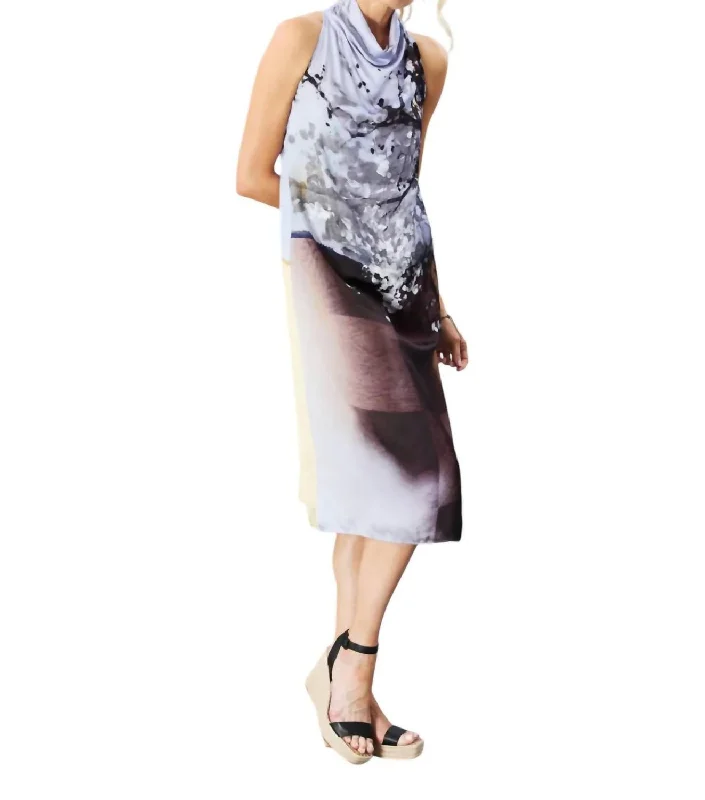 Limited Quantity Printed Funnel Neck Maxi Dress In Purple