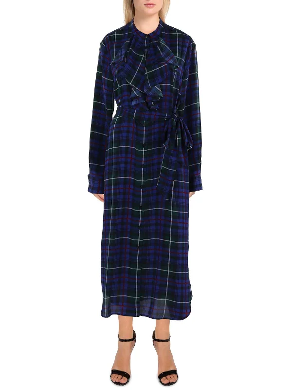 Limited Availability Adeola Womens Plaid Ruffled Shirtdress