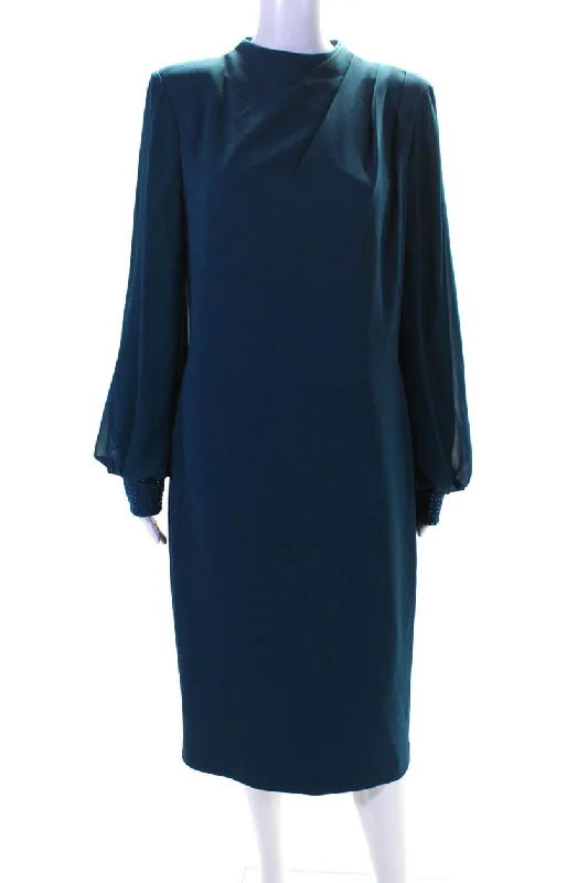 Hot Deal Badgley Mischka Womens Back Zip Crystal Trim Crew Neck Sheath Dress Teal