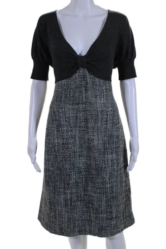 Midnight Sale Armani Collezioni Womens Short Sleeve V Neck Tweed Shift Dress Gray Wool