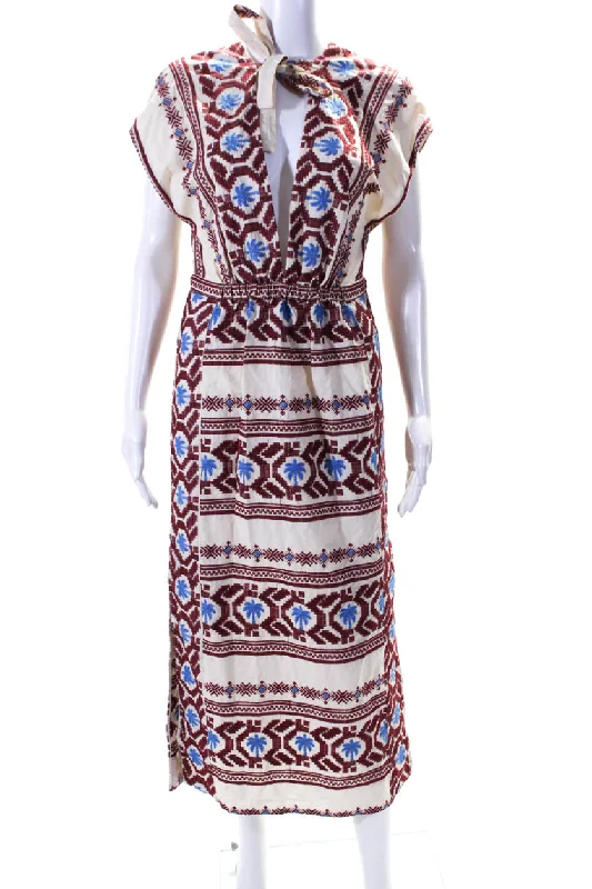 Epic Deals Johanna Ortiz Womens Cream Cotton Printed V-Neck Sleeveless Shift Dress