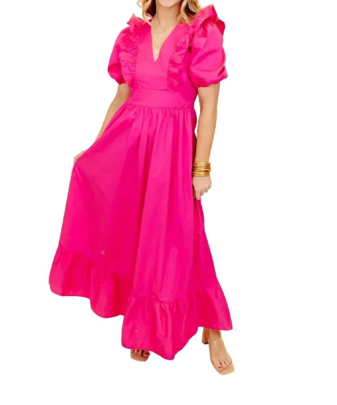 Great Deals Solid Poplin Ruffle Puff Sleeve Dress In Pink