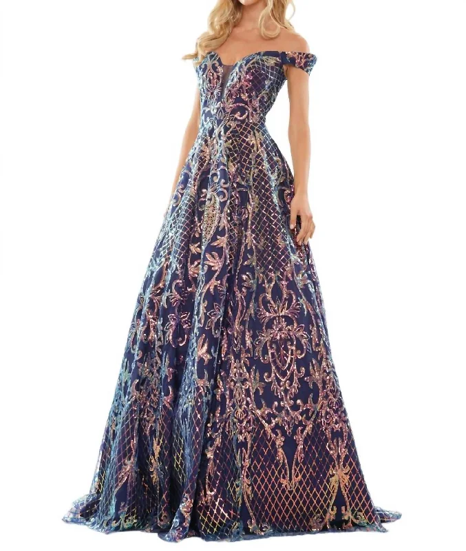 Super Sale Off Shoulder Sequin Lace Evening Gown In Navy