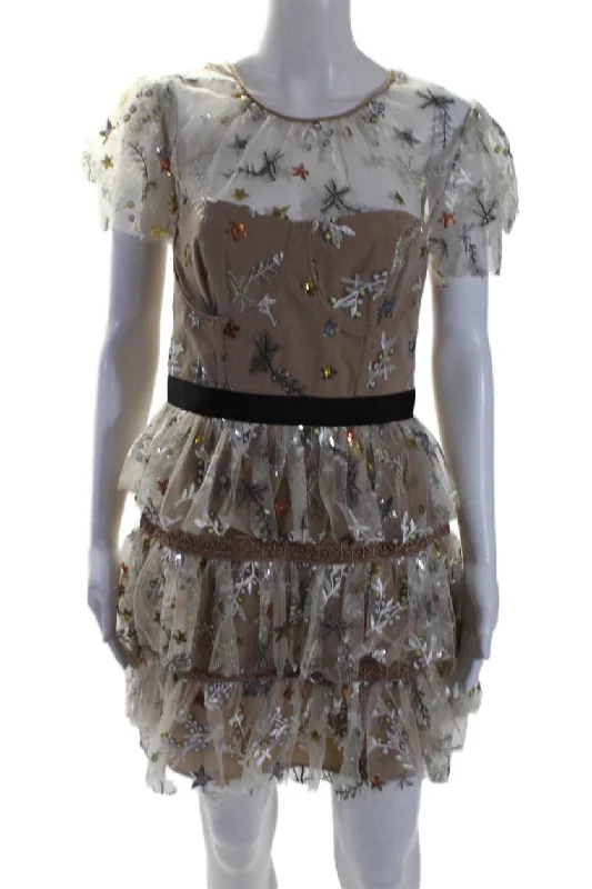 Year-End Clearance Self Portrait Womens Short Sleeve Embellished Tiered Dress Beige