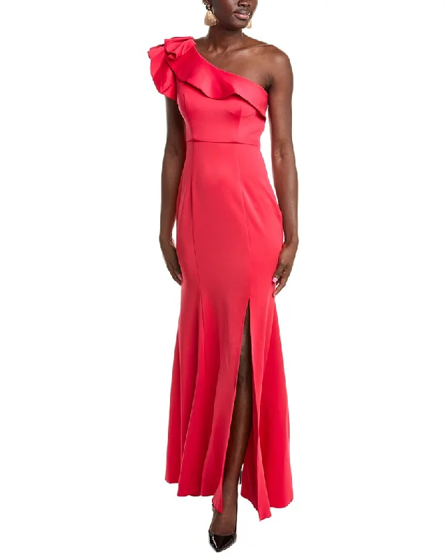 Limited Time Offer Rene Ruiz One-Shoulder Ruffle Neckline Scuba Gown