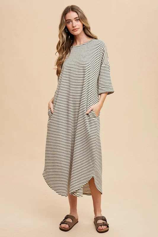 Clearance Sale Annie Wear Striped Round Neck Terry Midi Dress