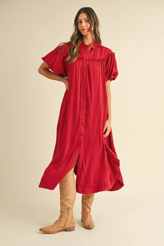Limited Availability Annie Wear Mineral Washed Button Down Puff Sleeve Shirt Dress