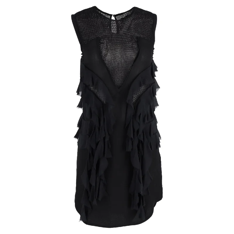 Super Deal Isabel Marant Mini Sleeveless Ruffle Detail Dress in Black Silk