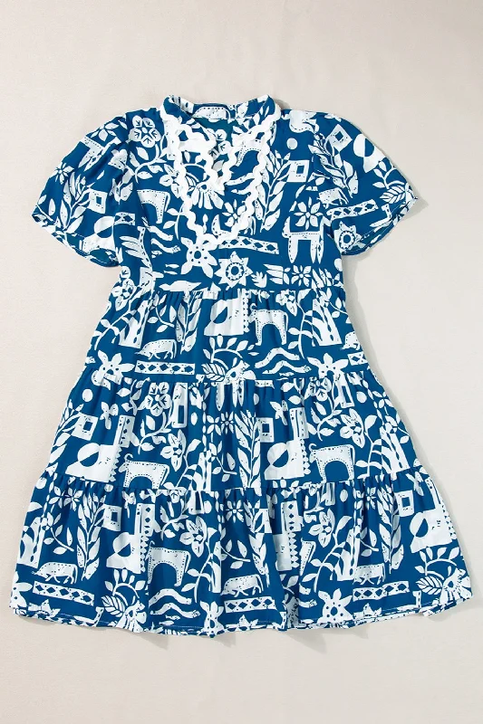 Fantastic Offers Printed Notched Short Sleeve Mini Dress