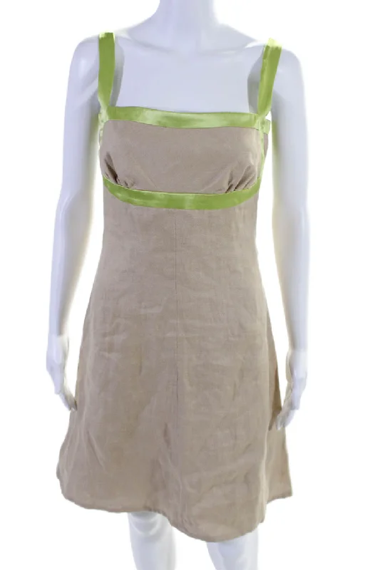 Price Meltdown Valentino Womens Linen Sleeveless A Line Knee Length Dress Beige Lime Green