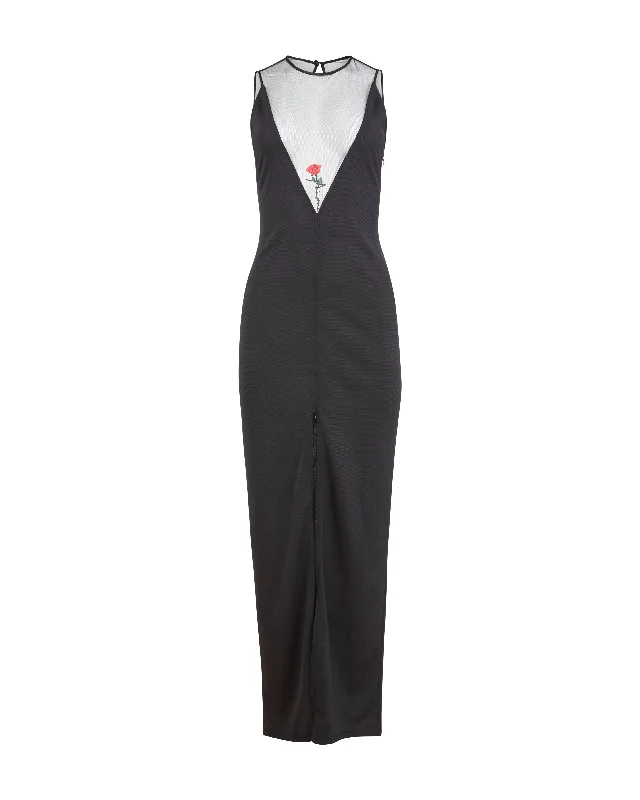 Crazy Deals Fleur Du Mal - Rose Spine Embroidery High Slit Maxi Dress - Black