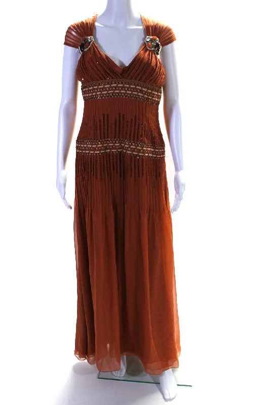 Midnight Sale Carolina Herrera Womens Silk Jeweled V Neck Sleeveless Maxi Dress Orange