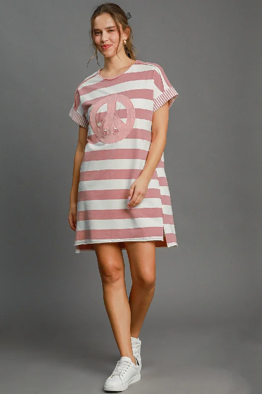 Lowest Prices Umgee Peace Applique Striped Short Sleeve Mini Dress