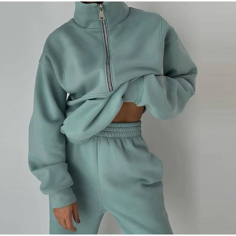 Year-End Sale Stand Collar Suit Zip Up Crop Sportswear Long Sleeve Sweatshirt And Trousers For Spring Fall Women's Clothing