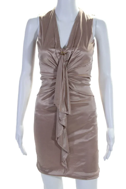 Deal Mania Gucci Womens V-Neck Zipped Sleeveless Ruched Textured Mini Dress Pink