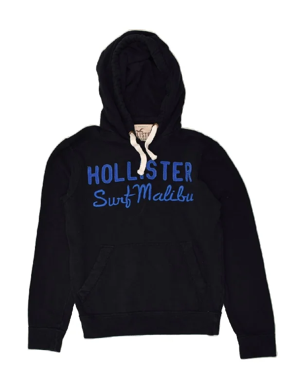 Quick Sale HOLLISTER Womens Graphic Hoodie Jumper UK 14 Medium Navy Blue Cotton