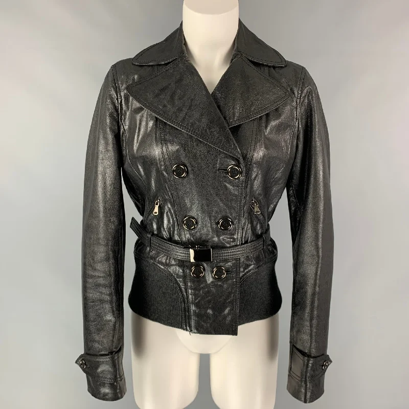 Deal Mania D&G by DOLCE & GABBANA Size 6 Black Leather Double Breasted Belted Jacket