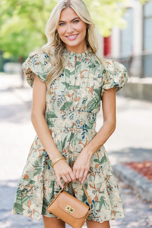 Midnight Sale Let's Get Going Sage Green Floral Dress