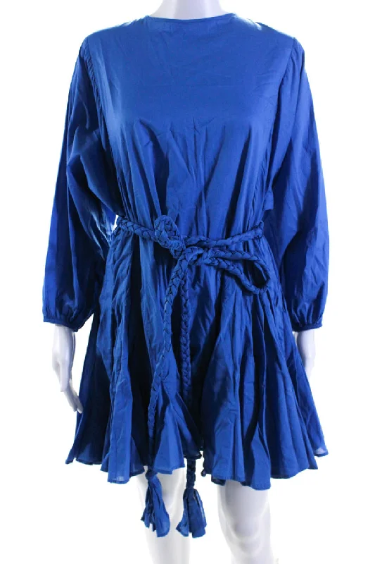 Buy More, Save More Rhode Womens Long Sleeve Crew Neck Belted Mini Swing Dress Blue Cotton